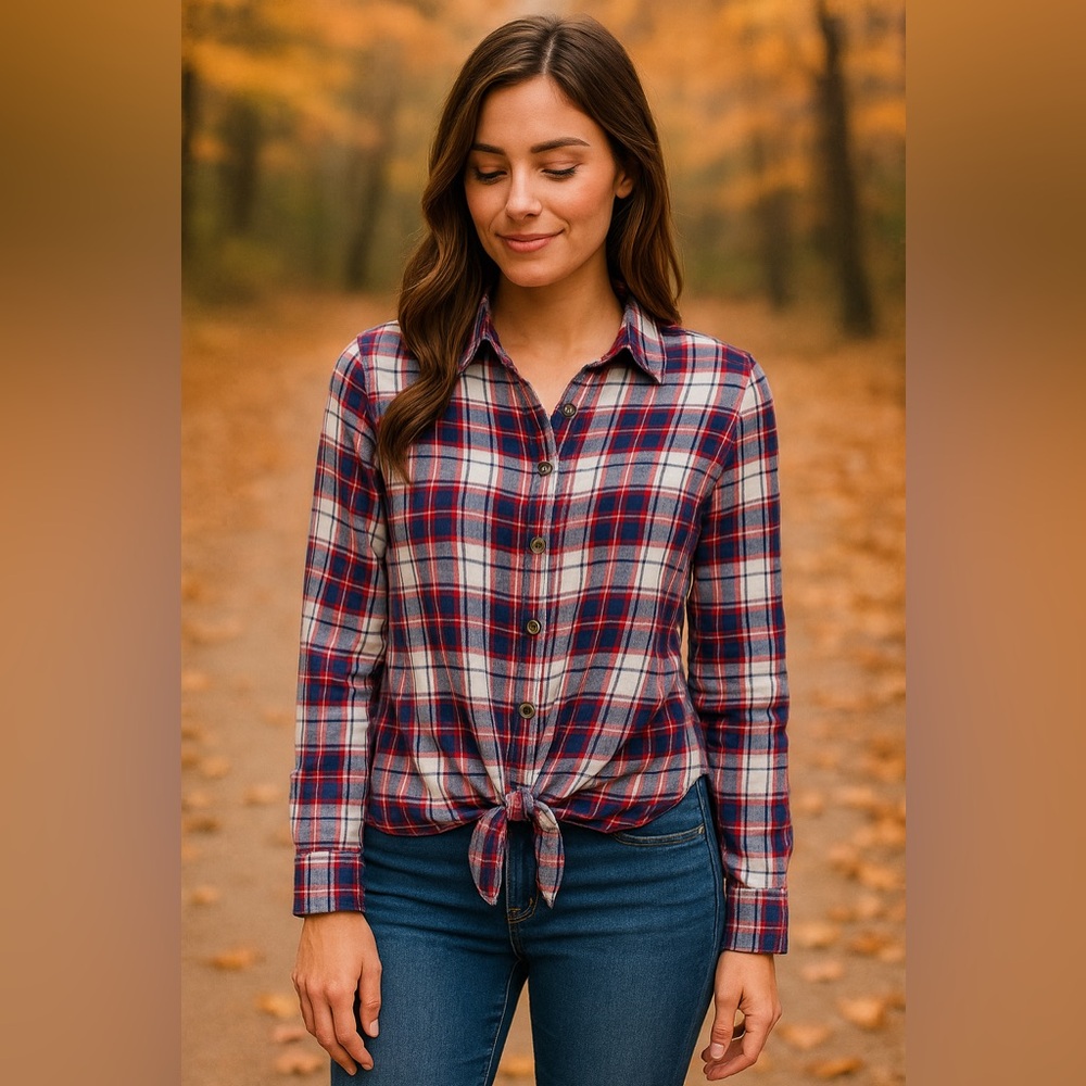 Bobeau Red White Blue Plaid Tie-Front Button Down Shirt Womenās XS